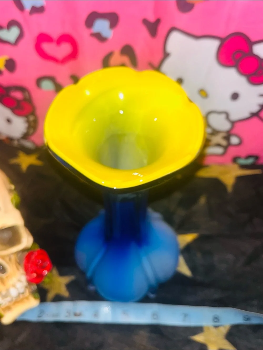 Blue Art Glass Bud Vase with Yellow Rim